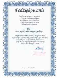 Podziękowania za organizację warsztatów dla uczniów szkół średnich. Kliknij, aby powiększyć zdjęcie.